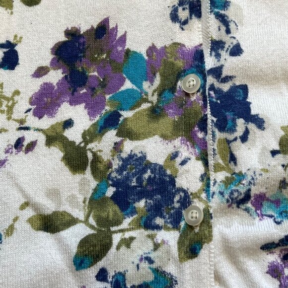 J Jill Cardigan Sweater Pleated Back Floral Button Front White Blue Size Small - Picture 10 of 12